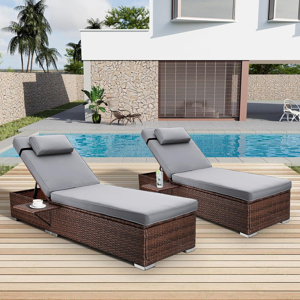 Rophefx Outdoor PE Wicker Patio Lounge Chairs Set of 2, Outside Rattan Pool Lounge Chair with Cup Holder & Adjustable Backrest, Brown Rattan Recliners for Poolside Deck Beach Yard (Grey Cushions)