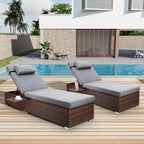 Rophefx Outdoor PE Wicker Patio Lounge Chairs Set of 2, Outside Rattan Pool Lounge Chair with Cup Holder & Adjustable Backrest, Brown Rattan Recliners for Poolside Deck Beach Yard (Grey Cushions)