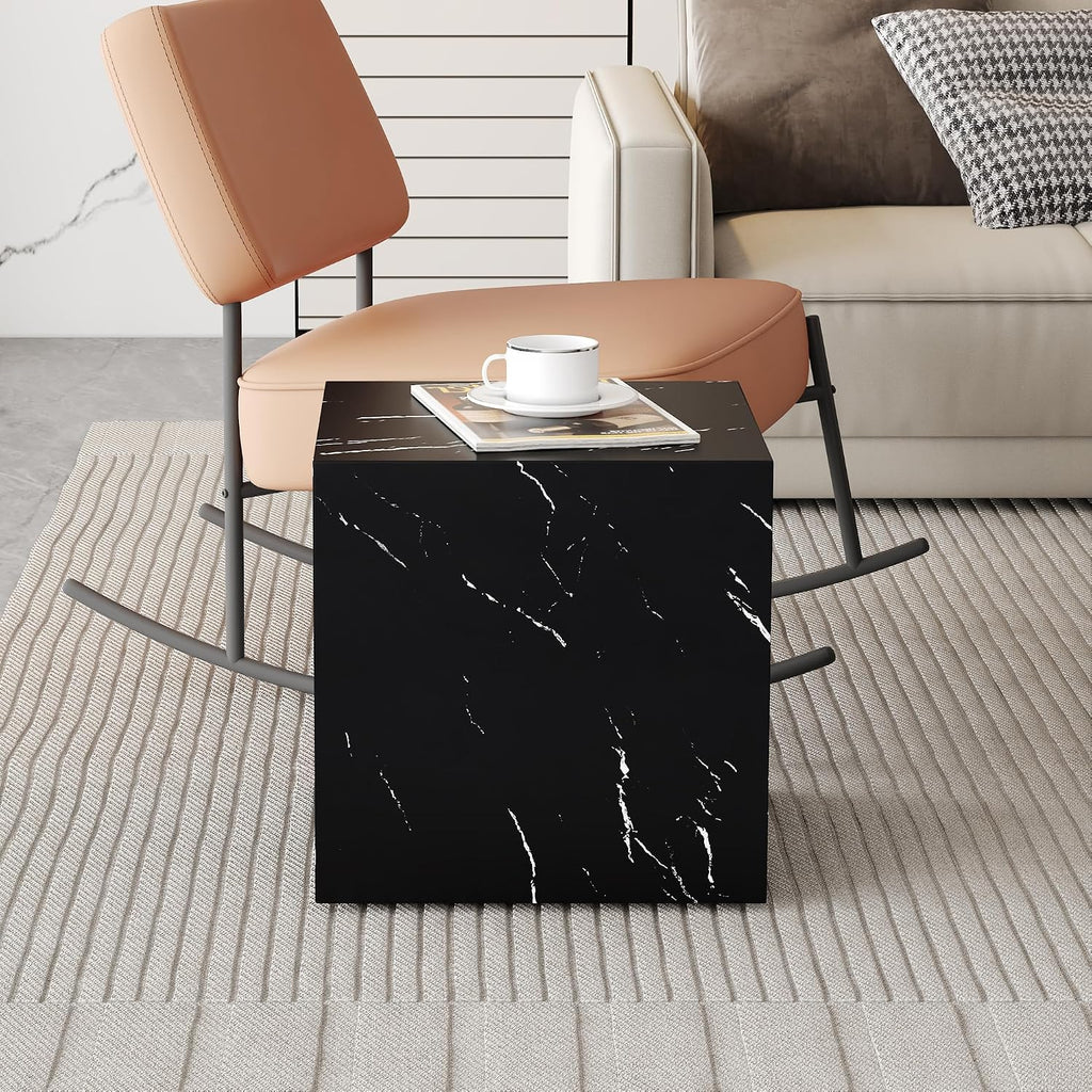 W15.7'' Modern Wood Square Side Table End Table for Living Room, No Assemble, Faux Marble Surface, Marble Black(ø15.7'' x 15.7'')