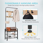 VIVOHOME 3-in-1 Entryway Hall Tree, Heavy Duty MDF Stand Coat Rack with Storage Bench, Industrial Wood Furniture with Stable Metal Frame, 8 Hooks, Light Brown