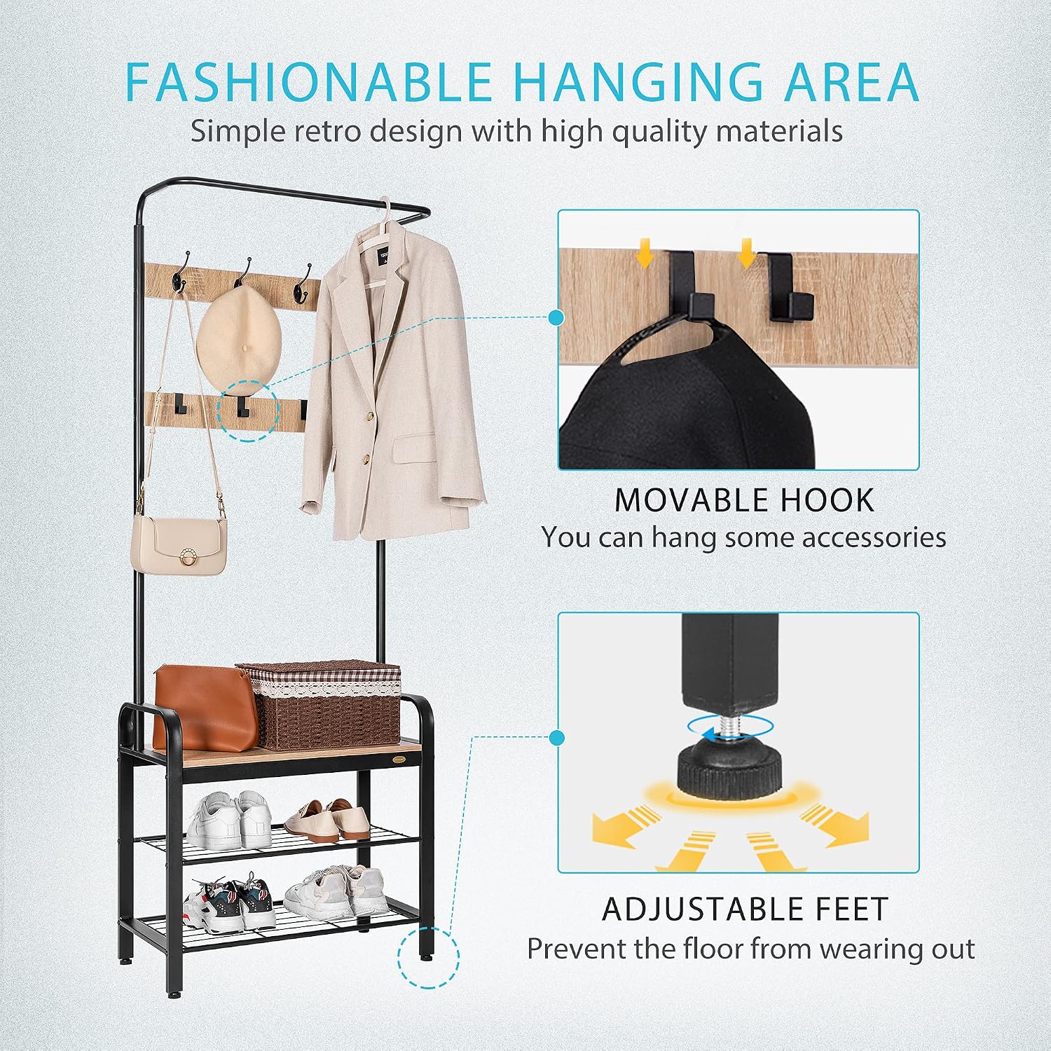 VIVOHOME 3-in-1 Entryway Hall Tree, Heavy Duty MDF Stand Coat Rack with Storage Bench, Industrial Wood Furniture with Stable Metal Frame, 8 Hooks, Light Brown