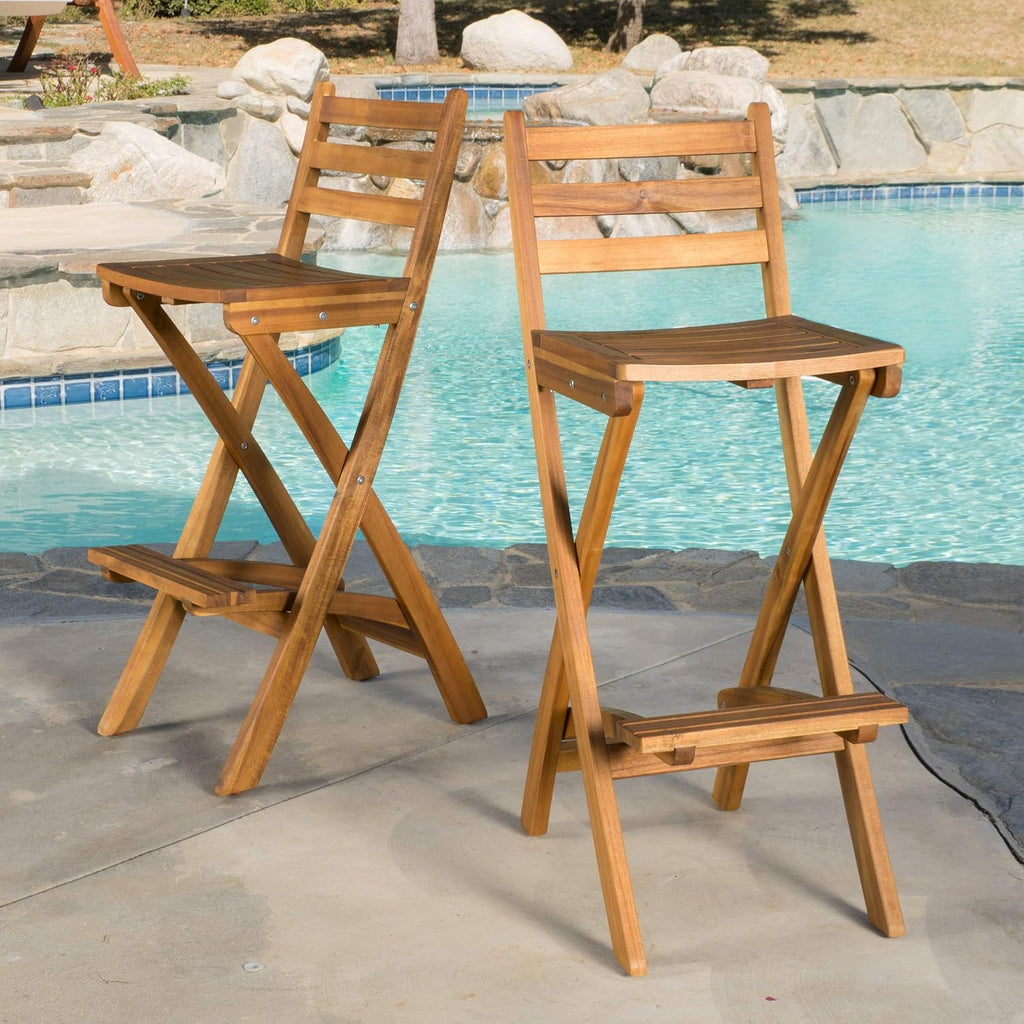 Christopher Knight Home Atlantic Outdoor Folding Wood Bar Stools | Acacia Wood Barstool Set of 2, 31" Seat Height, 2 PCS Outdoor Folding Chair for Garden, Porch, Poolside