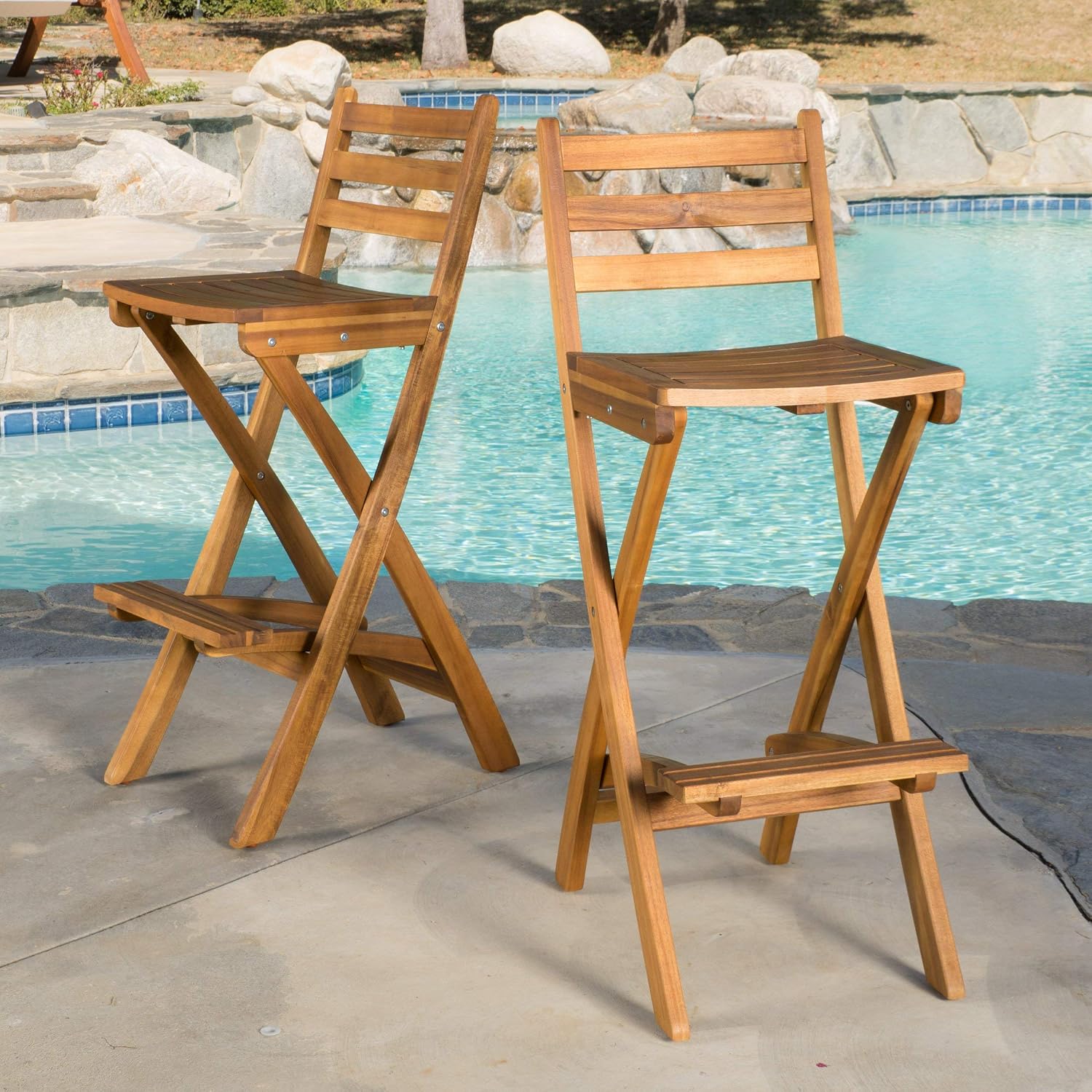 Christopher Knight Home Atlantic Outdoor Folding Wood Bar Stools | Acacia Wood Barstool Set of 2, 31" Seat Height, 2 PCS Outdoor Folding Chair for Garden, Porch, Poolside