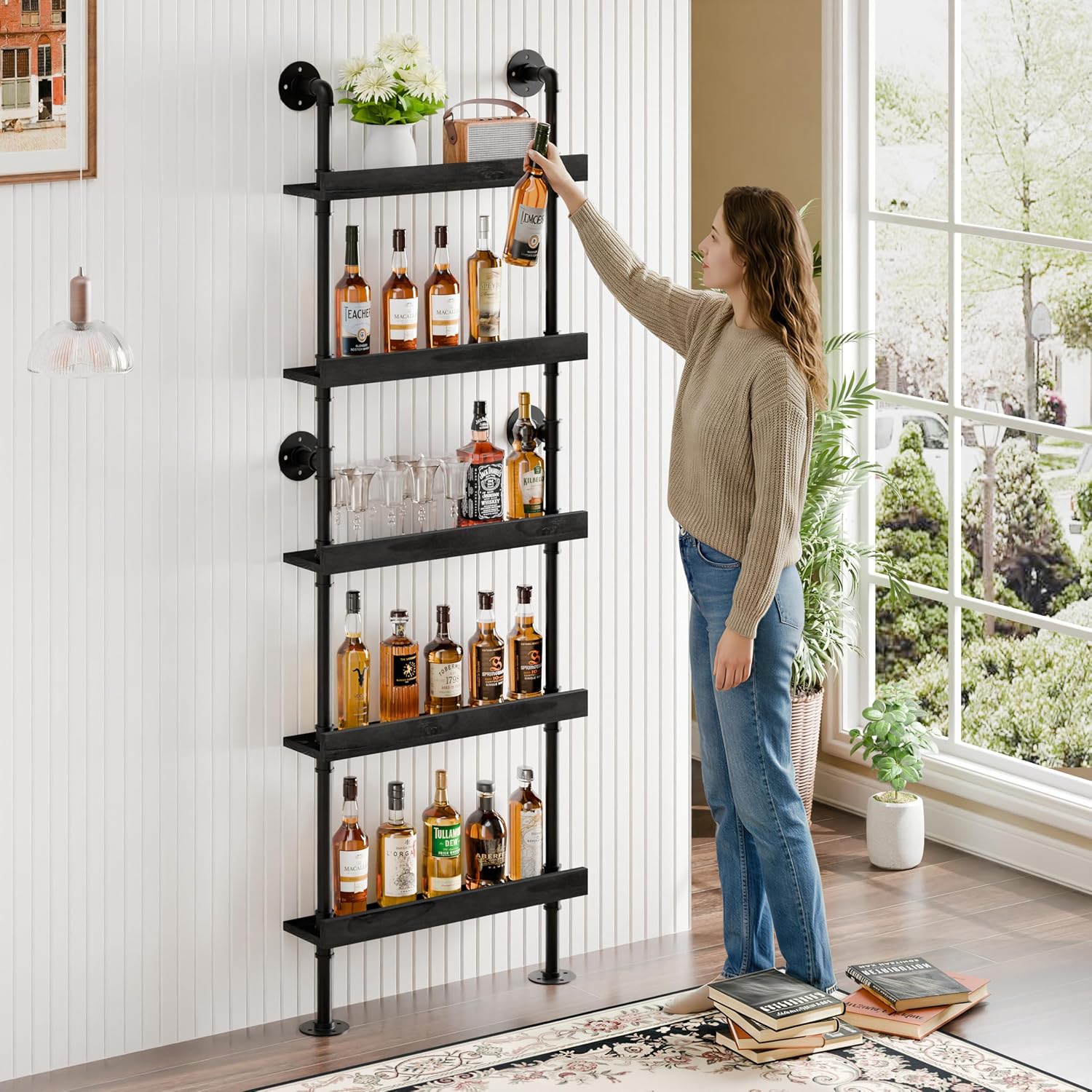 Industrial Wine Rack Wall Mounted, Industrial Pipe Bar Shelf for Wine Display, 5-Tier Rustic Hanging Organizer for Wine Bottle Storage in Kitchen, Bar, Pub, Cellar(Black, 24 Inch)