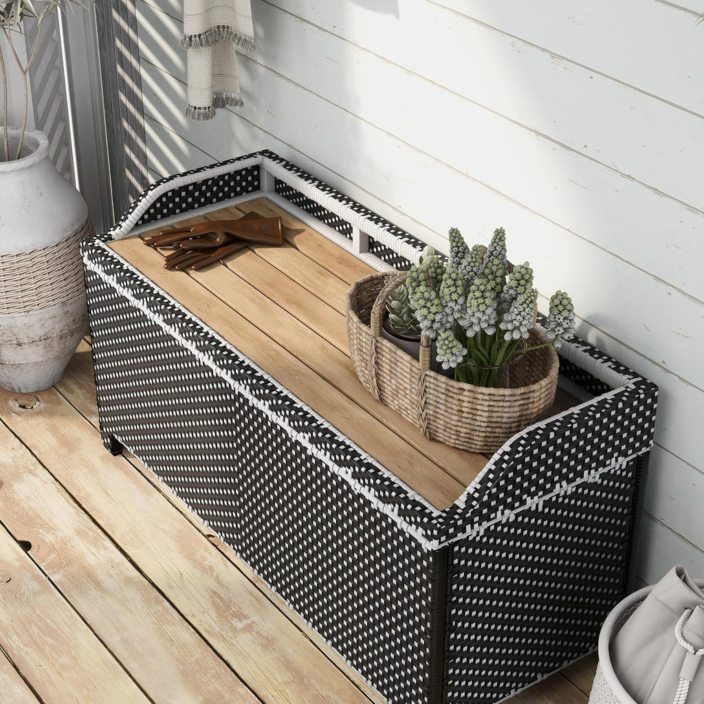 Greemotion Azur Beach Aluminum and All-Weather Wicker 41 in. Wide Storage Bench for Garden, Backyard, Patio, Pool Area, Porch, Black and White