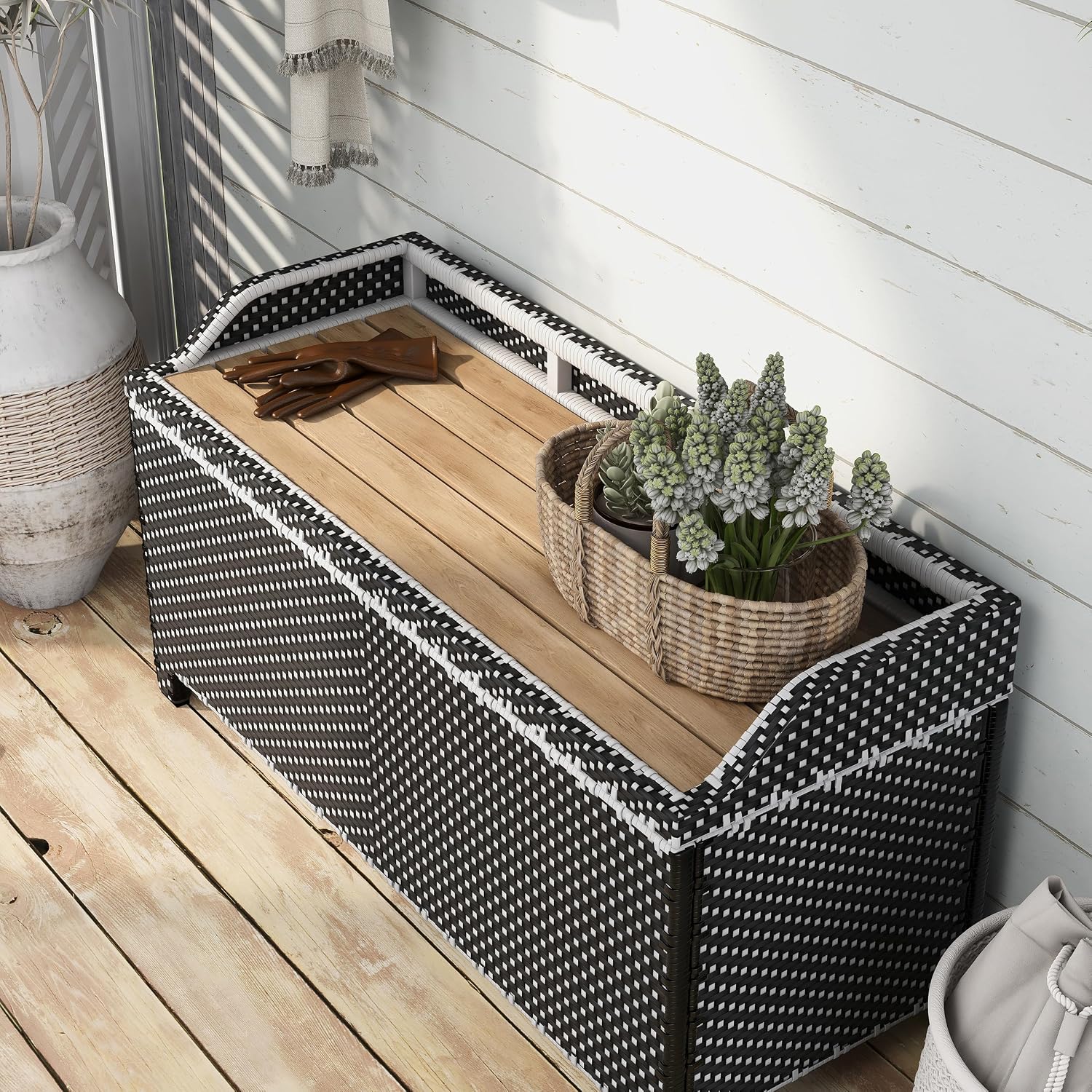 Greemotion Azur Beach Aluminum and All-Weather Wicker 41 in. Wide Storage Bench for Garden, Backyard, Patio, Pool Area, Porch, Black and White
