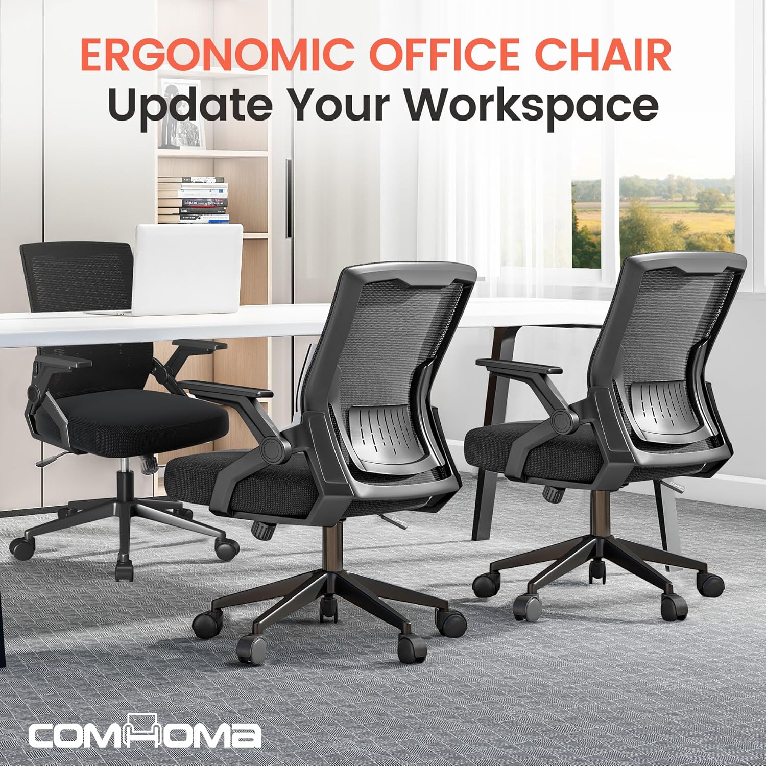 COMHOMA Office Chair with Flip-up Armrests Ergonomic Computer Desk Chair with Adaptive Lumbar Support & Breathable Mesh, Black