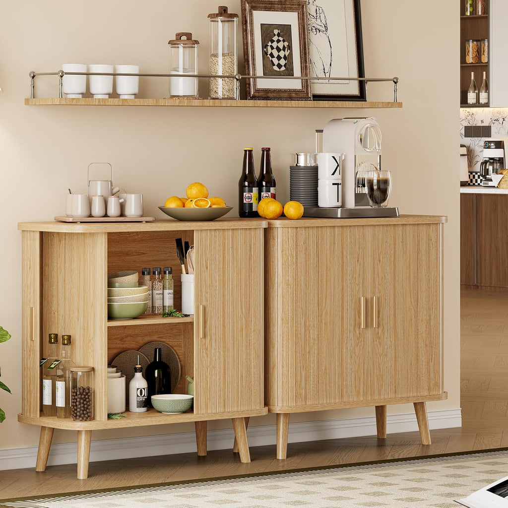 Xixini Sideboard Buffet Cabinet with Sliding Door, 31.5" Wide Fluted Modern Accent Cabinet with Adjustable Shelves, Wood Coffee Bar Buffet Console Table for Kitchen, Dining Room, Living Room, Oak