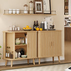 Xixini Sideboard Buffet Cabinet with Sliding Door, 31.5" Wide Fluted Modern Accent Cabinet with Adjustable Shelves, Wood Coffee Bar Buffet Console Table for Kitchen, Dining Room, Living Room, Oak