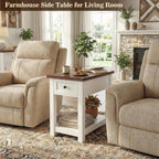 Narrow End Table with Charging Station - Farmhouse Side Table with Drawer, 14" Wide Wood Nightstand Slim Couch Bedside Table for Living Room Bedroom Small Spaces, 2-Tone Antique White & Brown