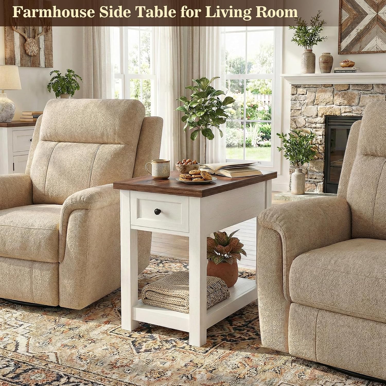 Narrow End Table with Charging Station - Farmhouse Side Table with Drawer, 14" Wide Wood Nightstand Slim Couch Bedside Table for Living Room Bedroom Small Spaces, 2-Tone Antique White & Brown
