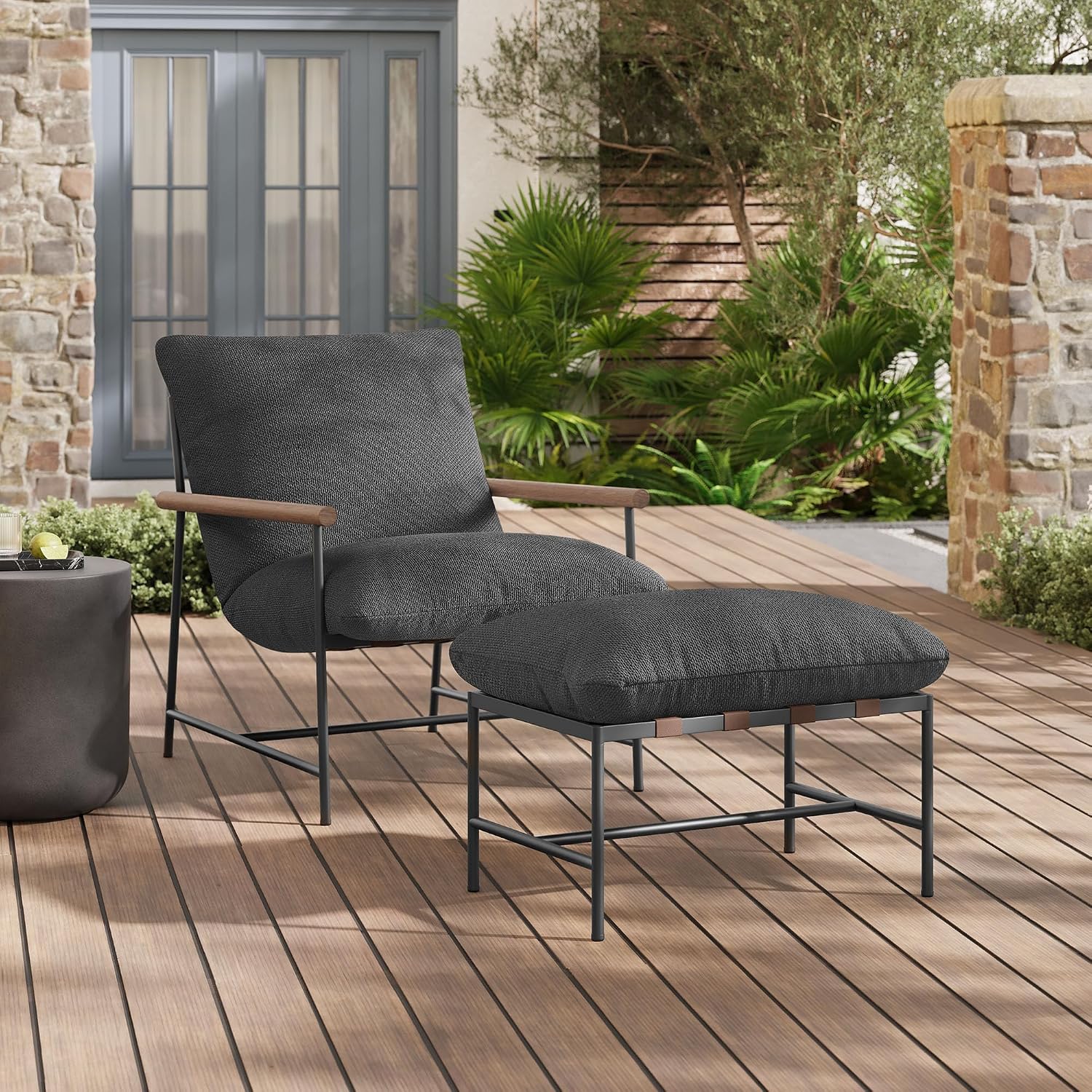Modway Raya Outdoor Patio Sling Chair with Ottoman Set in Charcoal - Comfy Accent Lounge Chair and Footstool with Removable Boucle Fabric Cushions for Porch, Deck, Backyard