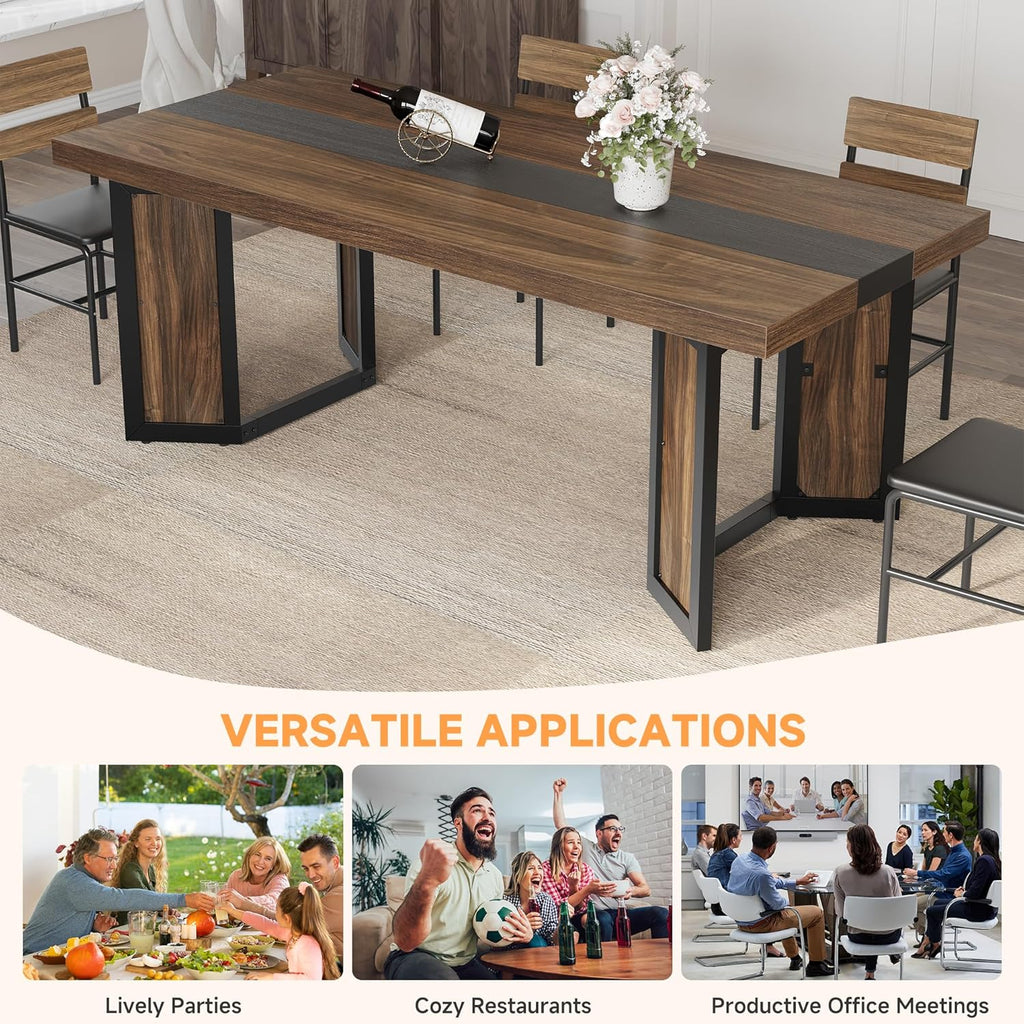 knoworld Rectangular Industrial Dining Room Table for 8 People, 71" Long Wood Kitchen Table with Strong Metal Frame, Large Dinner Room Table for Big Family, Restaurant, Party, Reddish Brown