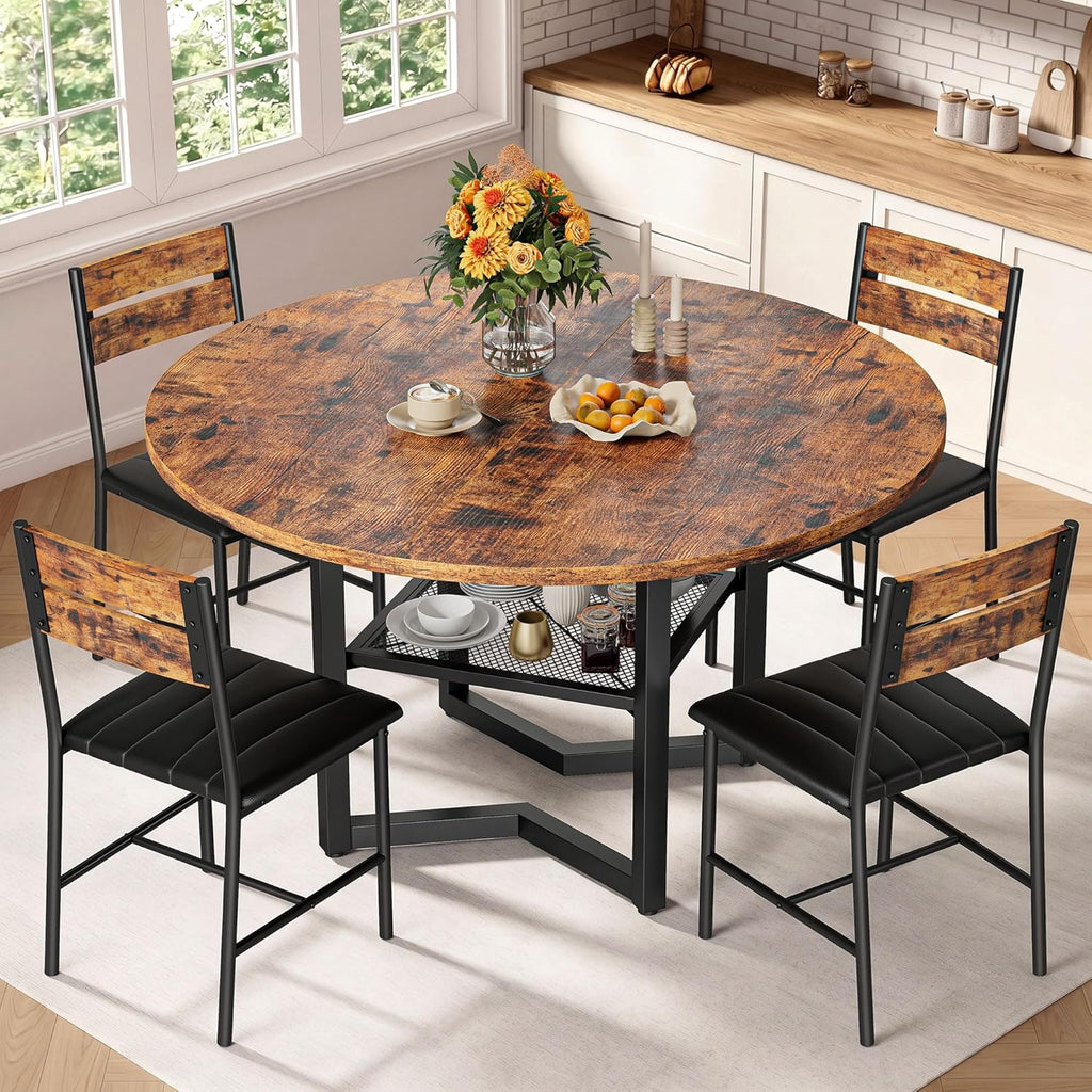 IRONCK Round Dining Table Set for 4, Dining Room Table Set with 4 Chairs, 47.2'' Dinner Table with Wooden Tabletop and Metal Base, 5-Piece Kitchen Table and Chairs, Rustic Brown