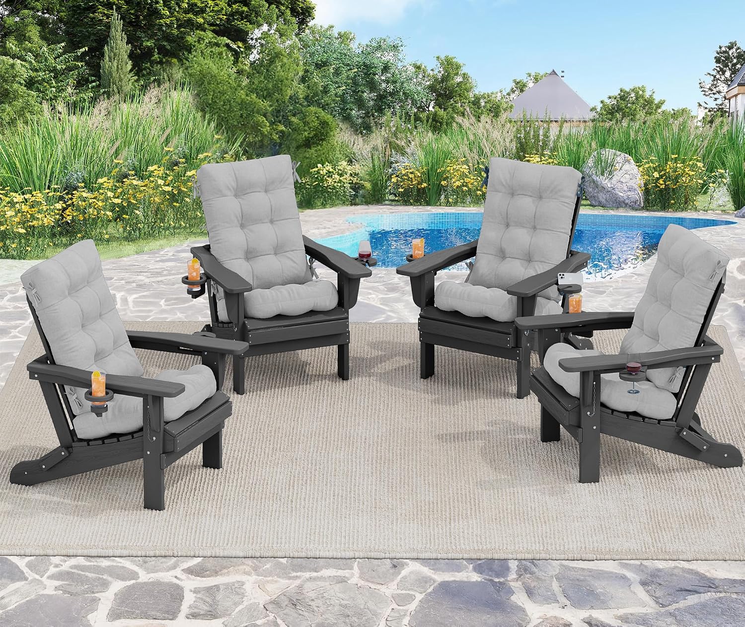 SERWALL Folding Gray Adirondack Chair Set of 4 with Memory Foam Cushions