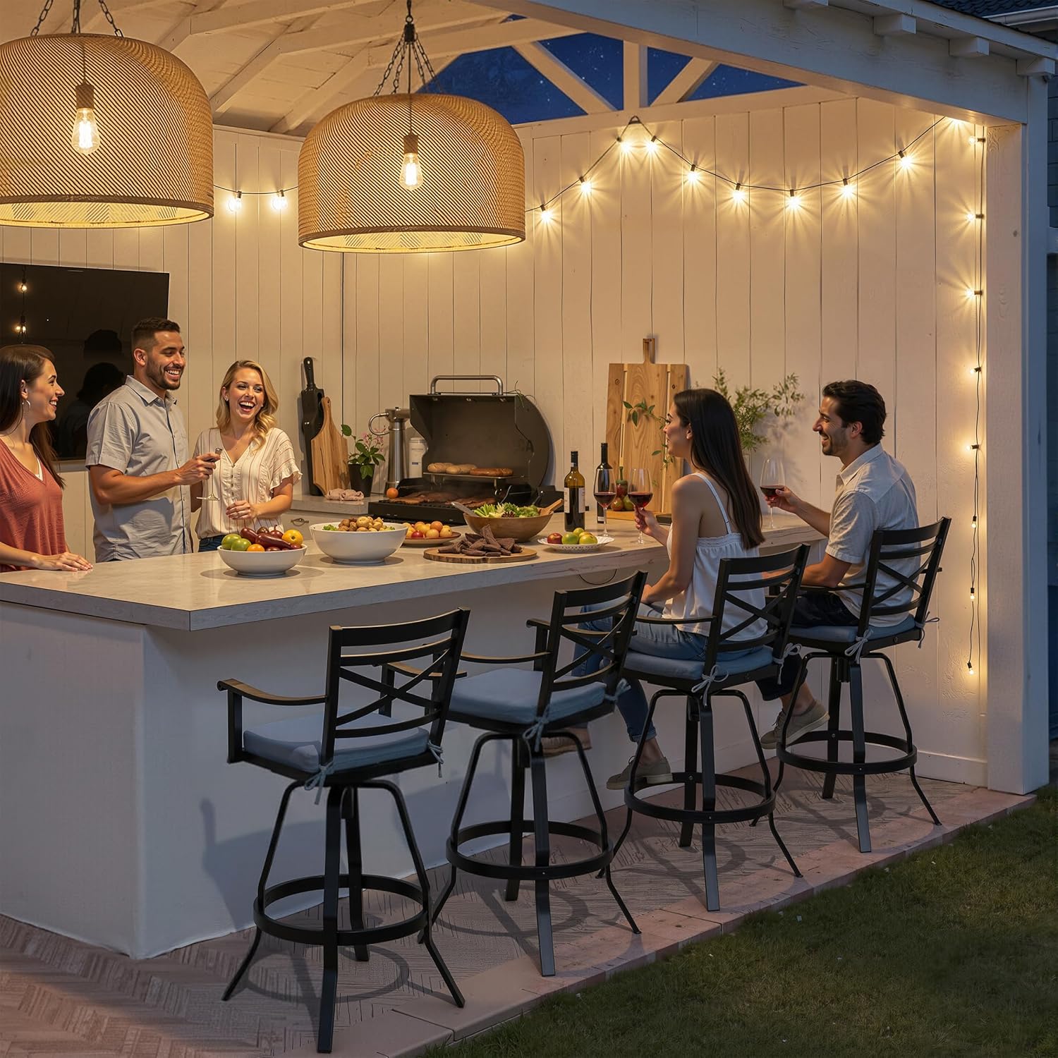 Pellebant Swivel Aluminum Outdoor Bar Stools Set of 4, 30" Patio Bar Height Bar Stools with Sunbrella Cushion & Back, Anti-Rust Barstools for Deck Backyard Garden, Spectrum Denim