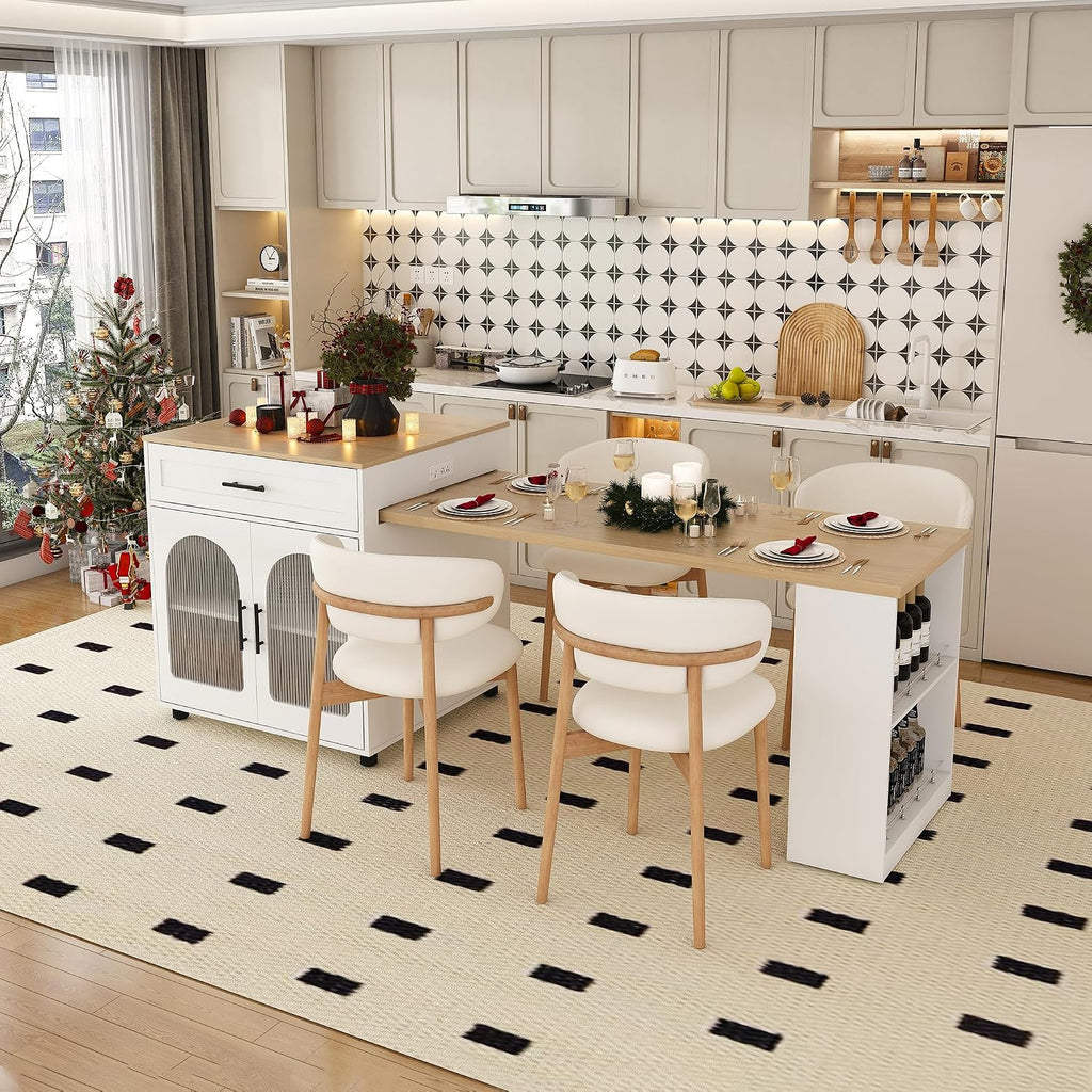 80" Kitchen Island with Extendable Dining Table, Marble-Grain Countertop with Power Outlet, Rolling Kitchen Cart with Storage Cabinet & 2 Drawers for Dining Room House Bar,Black
