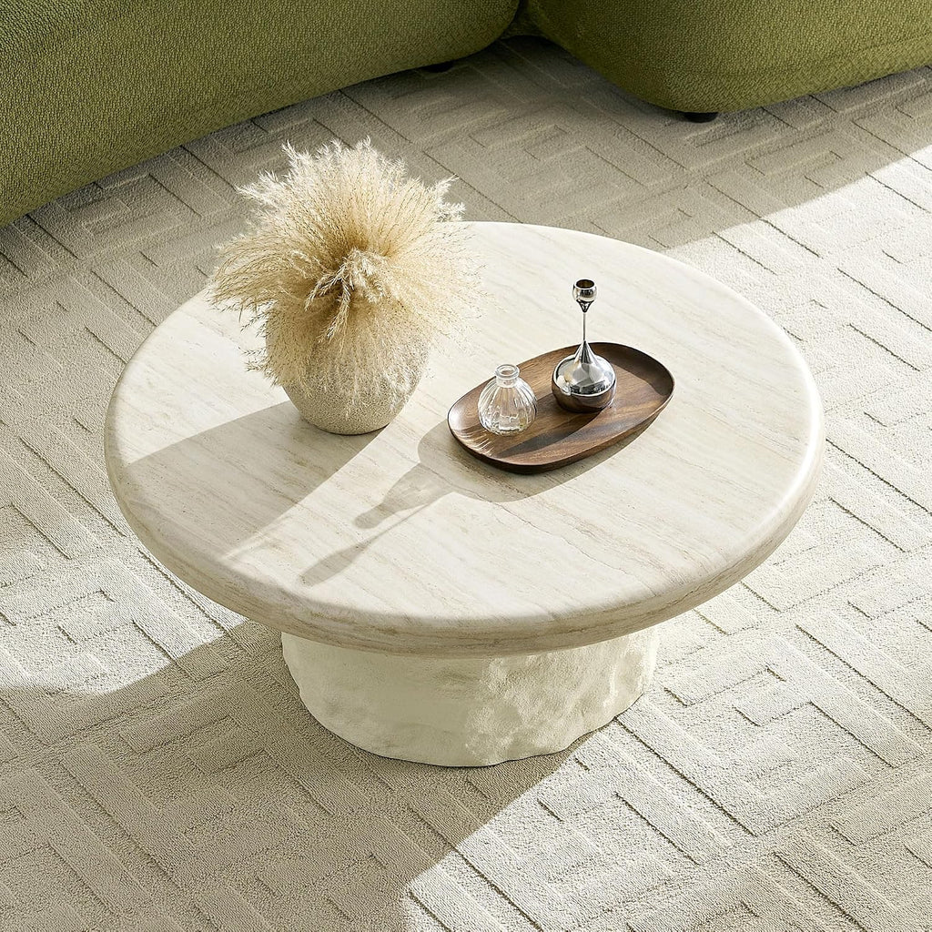 Two Fiberglass Round Coffee Table,15.75''+35.04'' Modern Design Round Side Table Center Coffee Table for Living Room,Office,Beige