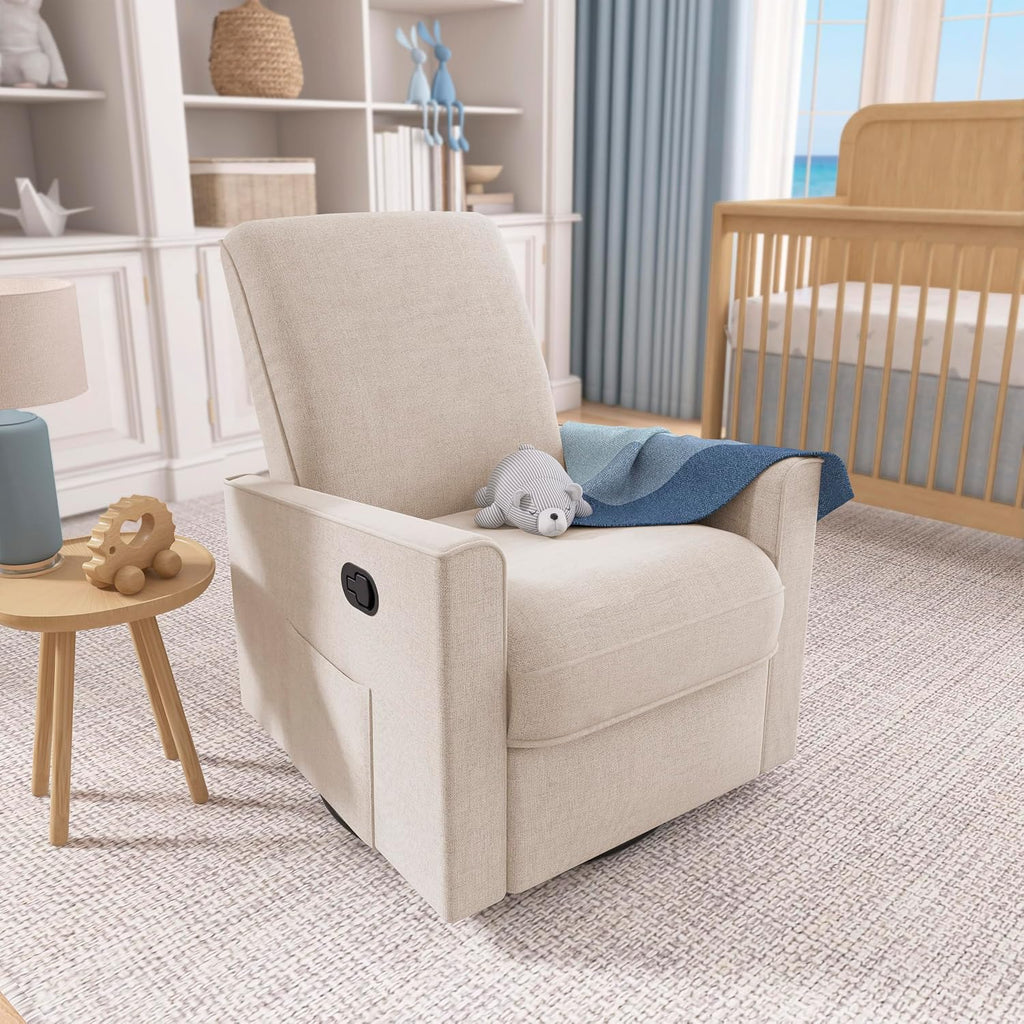 Evolur Raleigh Upholstered Manual Glider Recliner– Rocking & 360° Swivel with Smooth Glide – Greenguard Gold & FSC Certified – Modern Nursery and Living Room Chair in Light Sand