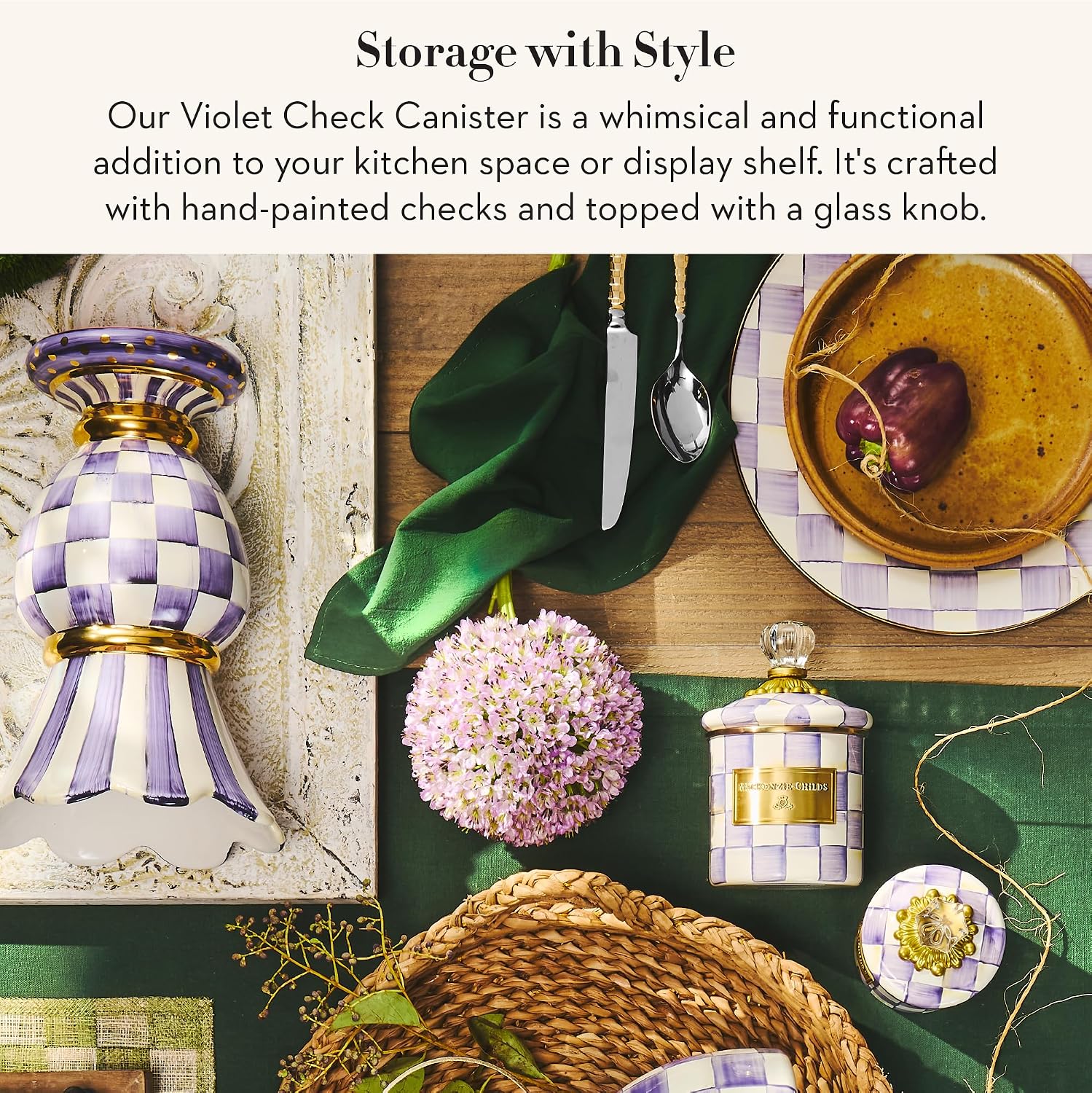 MACKENZIE-CHILDS Enamel Canister, Versatile Kitchen Storage Container for Flour and Sugar, Mini, 14-Ounce Capacity, Purple-and-White Violet Check
