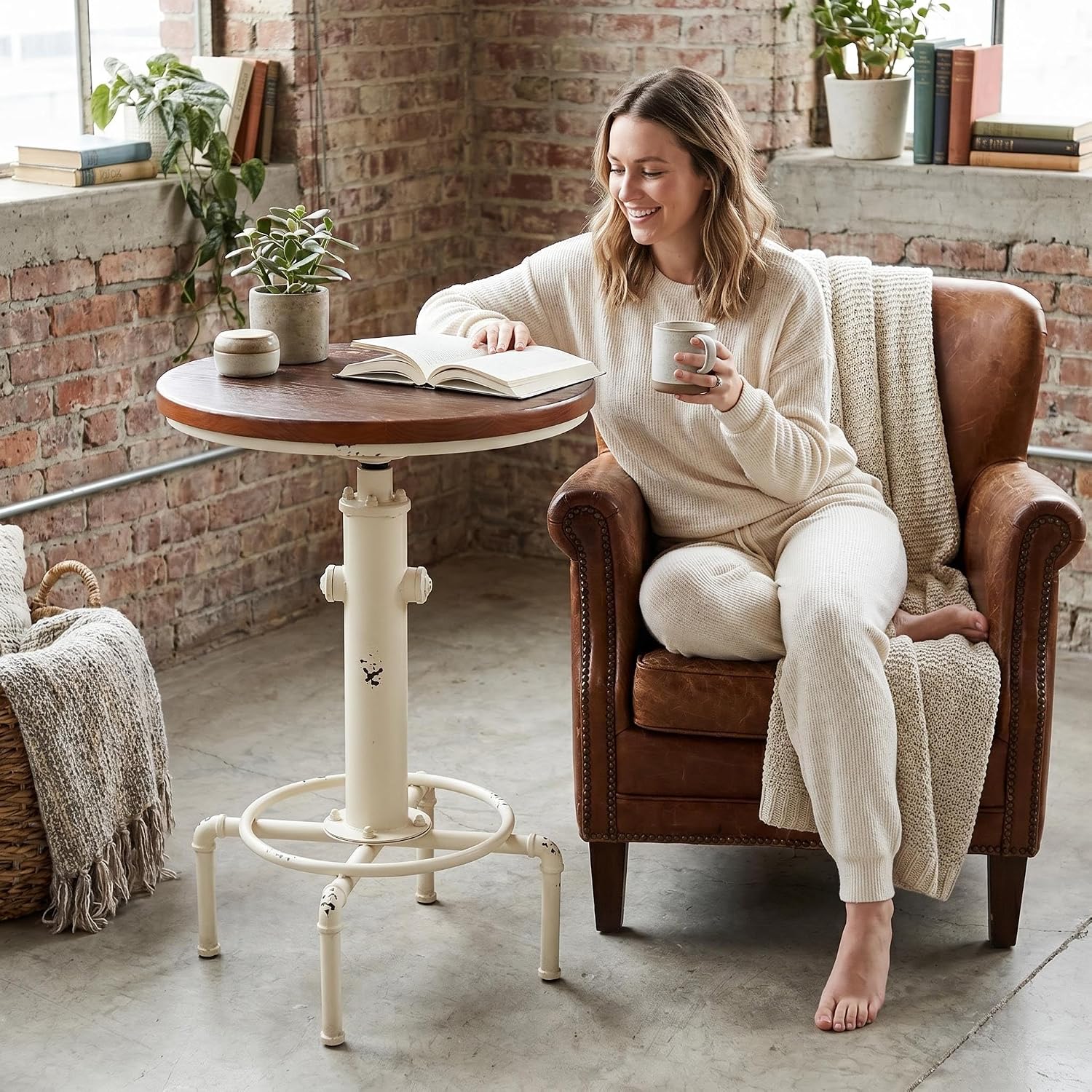 Topower Industrial Bar Table 32.3-38.2" Adjustable Pub Table Kitchen Dining Coffee Bistro Table (Antique White)