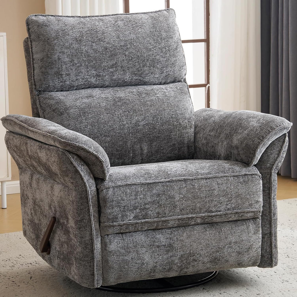 Oversized Swivel Rocker Recliner with Adjustable Headrest, Rocking Chair Nursery with Overstuffed Armrest, Manual Rocker Recliner Nursery Chair for Living Room, Dark Grey