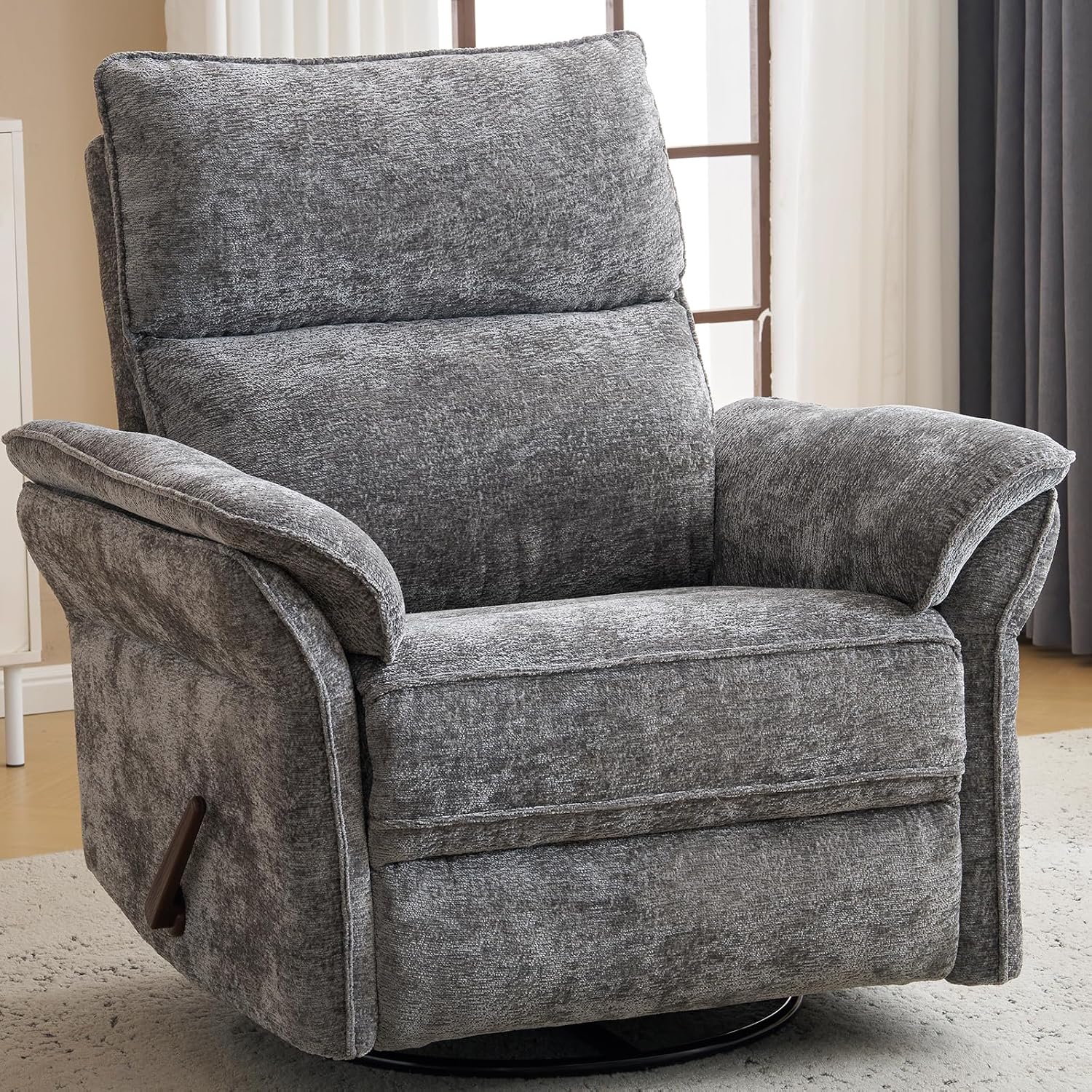 Oversized Swivel Rocker Recliner with Adjustable Headrest, Rocking Chair Nursery with Overstuffed Armrest, Manual Rocker Recliner Nursery Chair for Living Room, Dark Grey