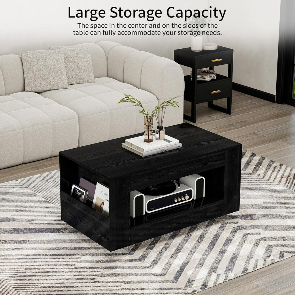 Coffee Table with Storage, 39" Small Center Table with Transparent Legs and Sides Storage, Minimalist Modern 2-Tier Coffee Tables for Living Room, Home Office, Apartment, Black Wood Grain