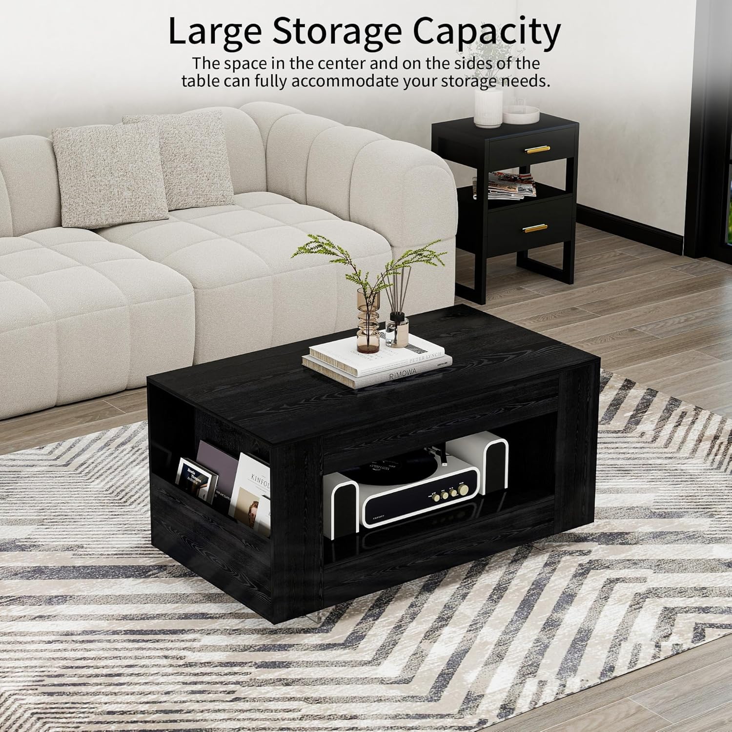 Coffee Table with Storage, 39" Small Center Table with Transparent Legs and Sides Storage, Minimalist Modern 2-Tier Coffee Tables for Living Room, Home Office, Apartment, Black Wood Grain