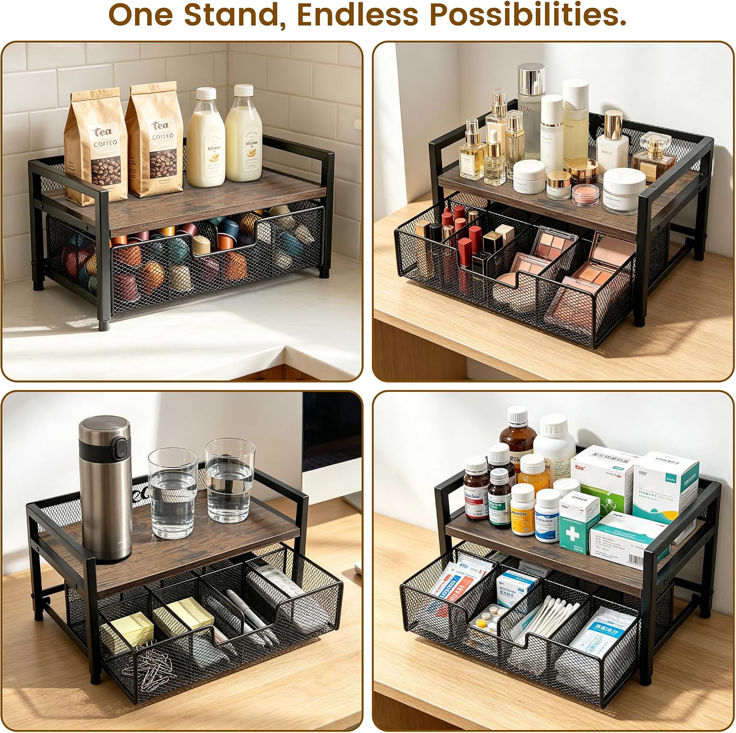 2 Tier Tea Bag Organizer - 8 Drawer Sliding Tea Box Organizer, Tea Bar Accessories Organizer for Countertop, Bar Station, Kitchen (Rustic Brown)