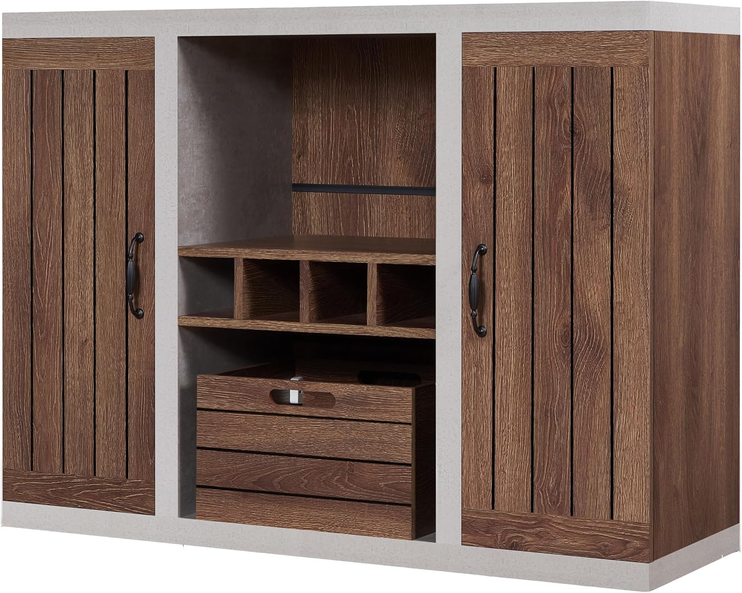 HOMES: Inside + Out Cato Industrial Two-Tone Buffet with Open Shelf, Wine Bottle Holder, Slatted Drawer and Cabinets, Distressed Walnut and Cement