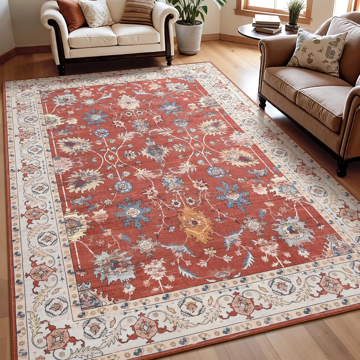 Keeko 4'x6' Vintage Floral Area Rug for Living Room, Soft Washable Low-Pile Carpet with Non-Slip Backing, Non-Shedding Oriental Distressed Farmhouse Rug for Bedroom, Dining Room, Nursery & Home Office