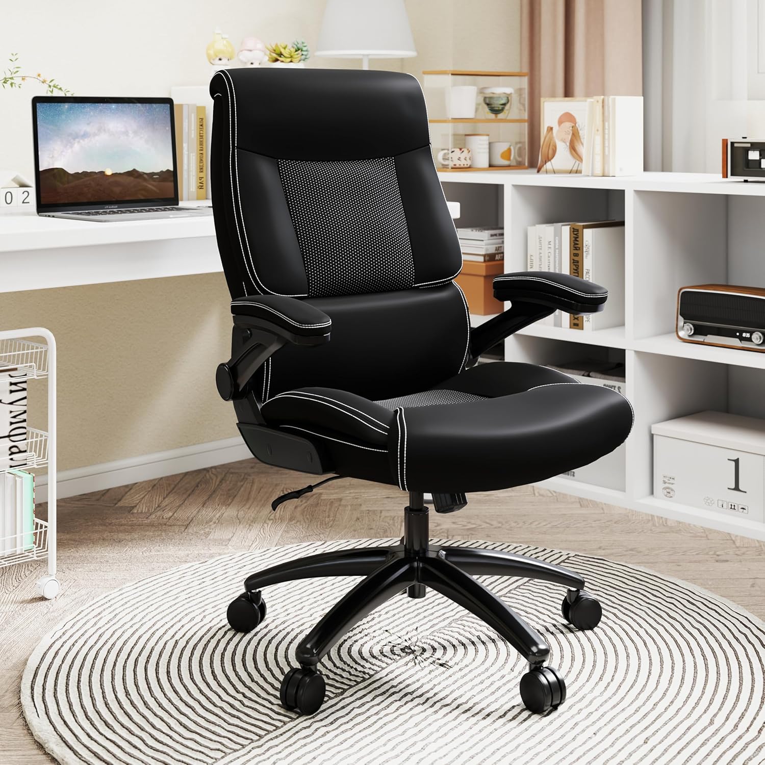 Ergonomic Big and Tall Office Chair, 500LBS PU Leather Executive Desk Chair with Lumbar Support and Flip-up Armrests, High Back, for Home and Office, Black