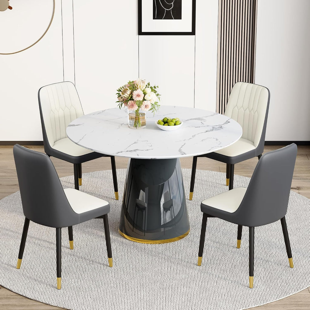 Round Dining Table Set for 4, 45''Marble Grain Dining Room Table Set for 4 with Upholstered Chairs, Modern Dinner Table Set for Kitchen Dining Room