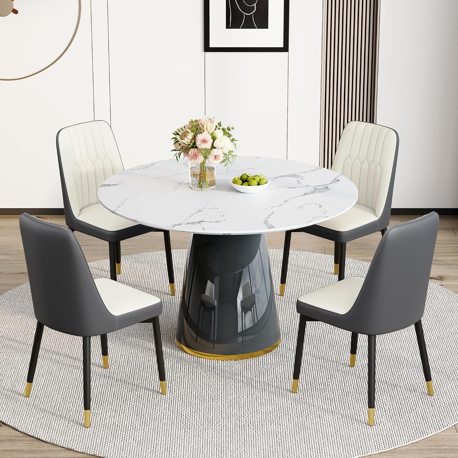 Round Dining Table Set for 4, 45''Marble Grain Dining Room Table Set for 4 with Upholstered Chairs, Modern Dinner Table Set for Kitchen Dining Room