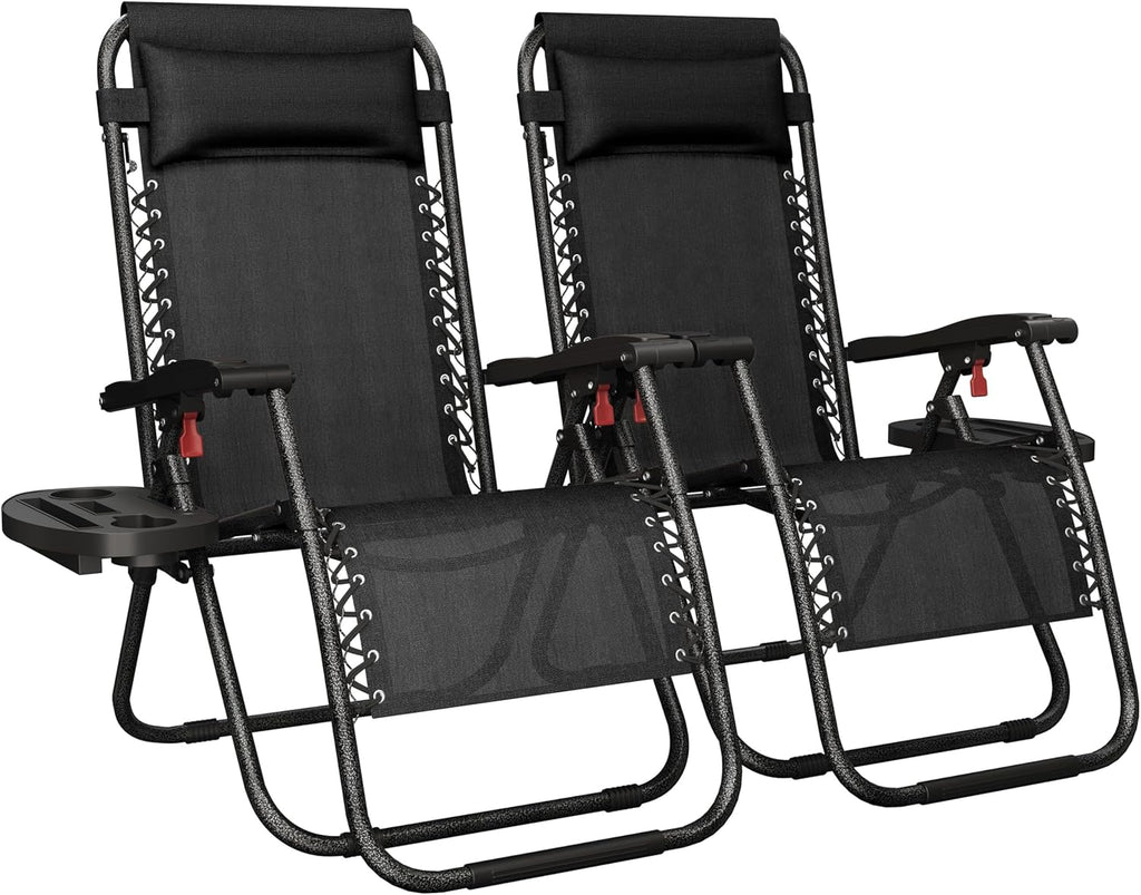 Yaheetech 26" Zero Gravity Recliners Outdoor Adjustable Folding Reclining Lounge Chairs w/Pillows, Cup Holder Trays and Carry Strap for Patio Backyard Beach Black Set of 2