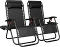 Yaheetech 26" Zero Gravity Recliners Outdoor Adjustable Folding Reclining Lounge Chairs w/Pillows, Cup Holder Trays and Carry Strap for Patio Backyard Beach Black Set of 2