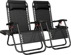 Yaheetech 26" Zero Gravity Recliners Outdoor Adjustable Folding Reclining Lounge Chairs w/Pillows, Cup Holder Trays and Carry Strap for Patio Backyard Beach Black Set of 2