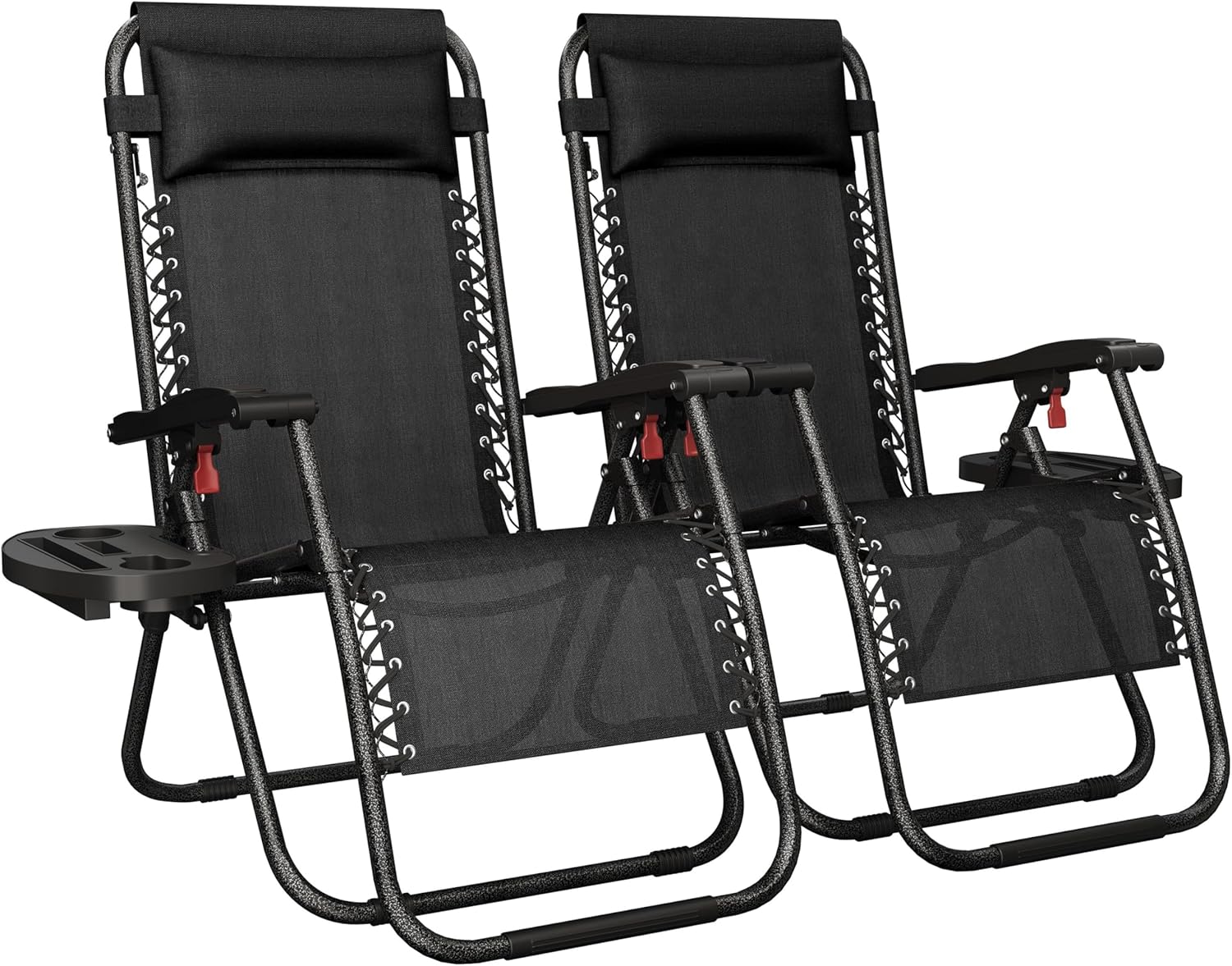 Yaheetech 26" Zero Gravity Recliners Outdoor Adjustable Folding Reclining Lounge Chairs w/Pillows, Cup Holder Trays and Carry Strap for Patio Backyard Beach Black Set of 2