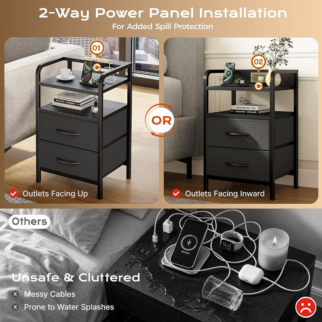 Huuger Nightstands Set of 2, Night Stand with LED Lights, Charging Station and USB-C Ports, 2 Drawers Bed Side Table, Open Shelf, 2-Way Power Panel Install, End Table for Bedroom, Black