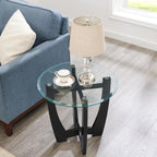 Round End Table with Clear Tempered Glass Top, Black Wood Base, 23.5 Inch, Contemporary Side Table for Living Room