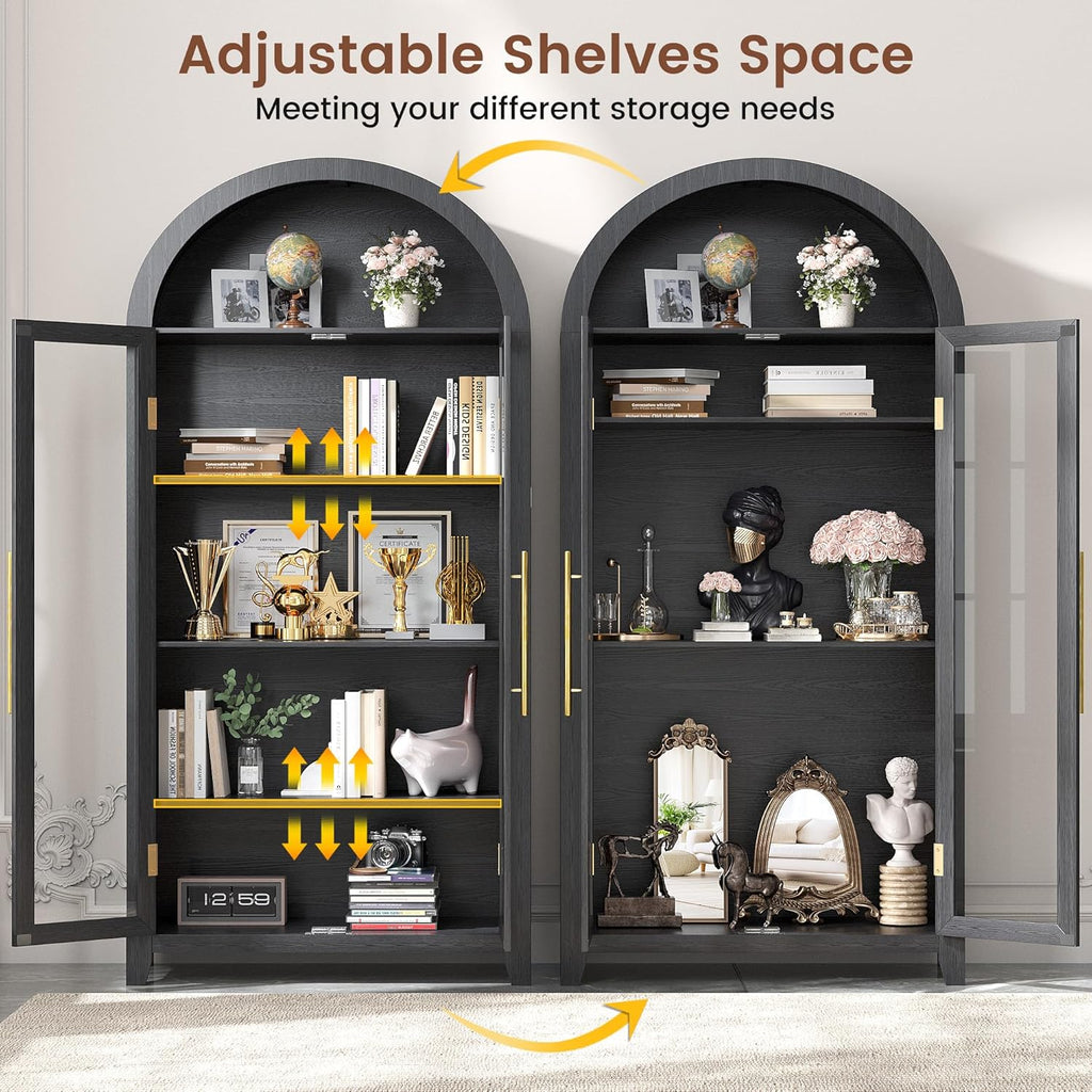 LVSOMT 71” Arched Curio Cabinet with Glass Doors, Display Cabinet with Human Sensor LED Light, 5 Tier China Cabinet with Adjustable Shelf, Tall Bookcase with Storage for Home Black
