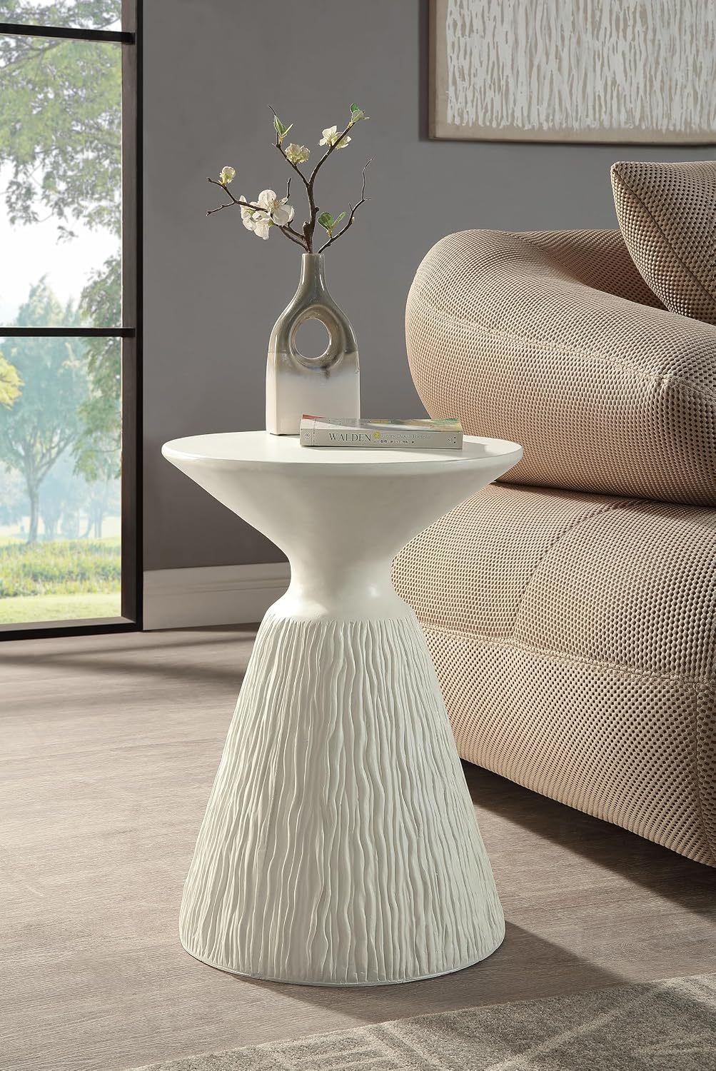 ø16'' Faux Concrete Cement Round Side Table End Table for Living Room, Modern Contemporary Minimalist White Finish Style, Fiber Concrete Material, No Assembly, White