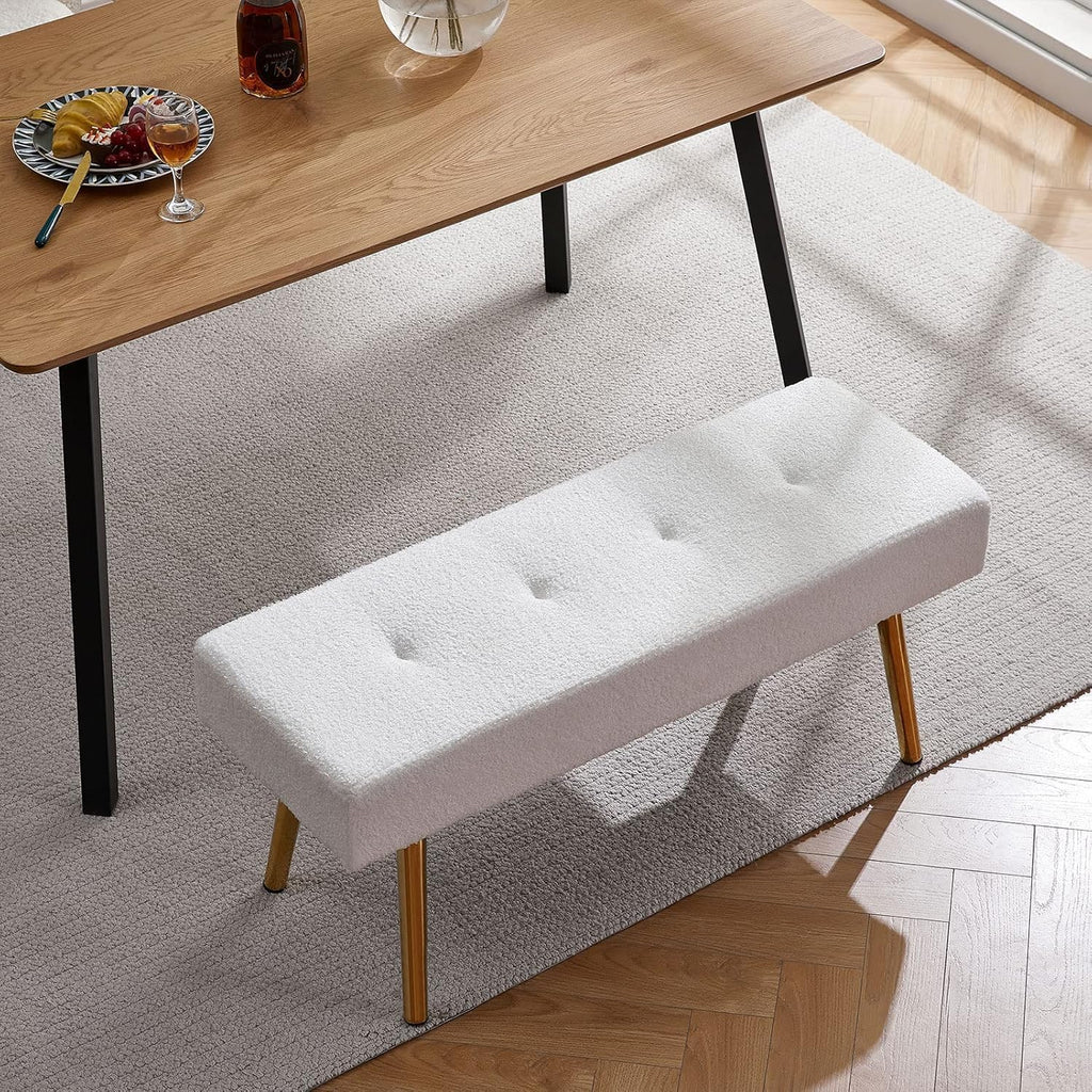 Entryway Bench, 40'' Upholstered Bedroom Benches, End of Bed Bench with Metal Legs, for Decorative, Living Room, Dining Room, White Bench, Teddy Velvet