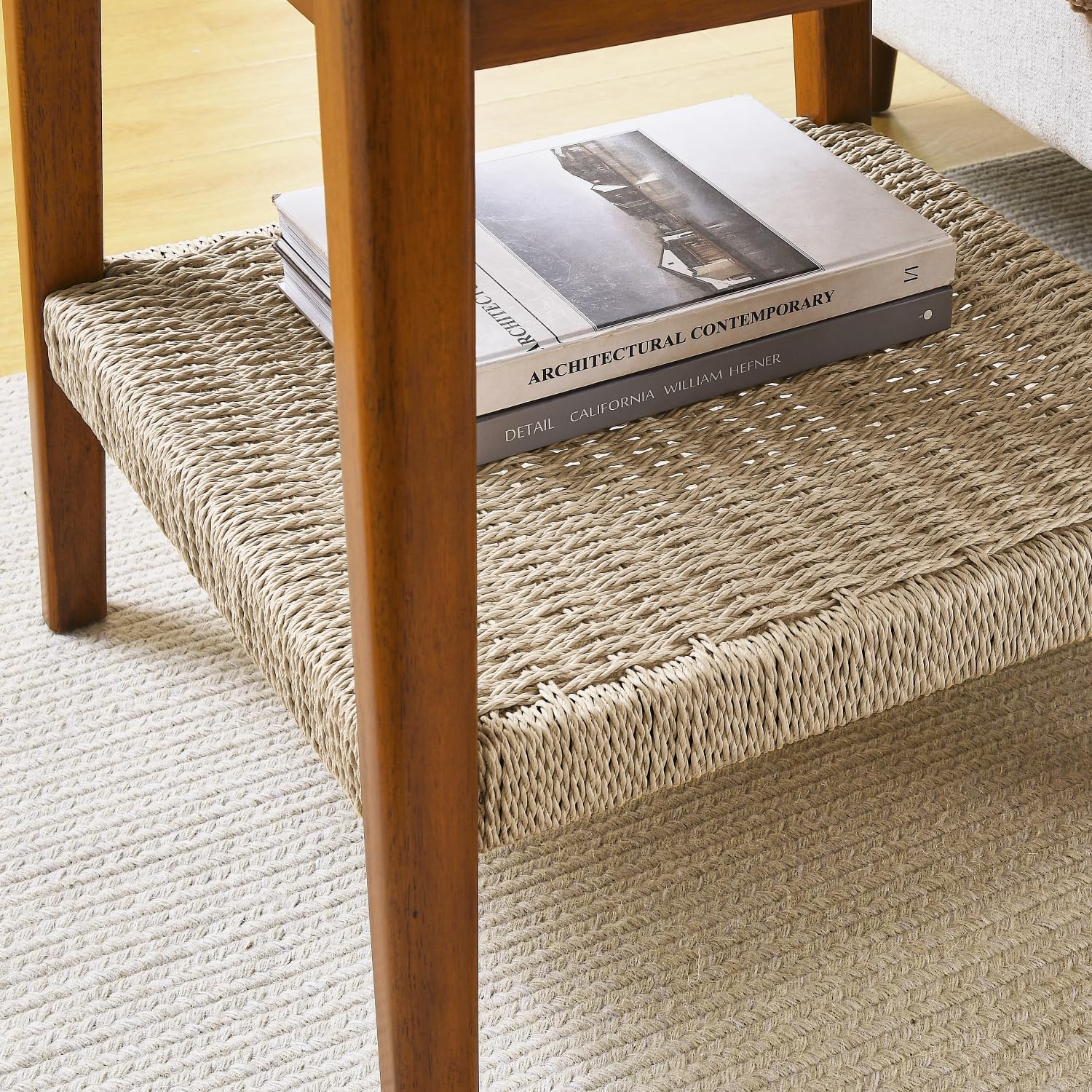 Geelife 23" Mid-Century Side Table with Woven Shelf, Boho Side Table with Storage