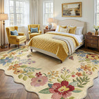 FMFUNCTEX 8x10 Floral Washable Area Rug Beige Neutral Vintage Flower Botanical Cottage Boho Cream Scalloped Soft Non Slip Low Pile Large Indoor Thin Carpet for Living Room Bedroom Dining Room Nursery