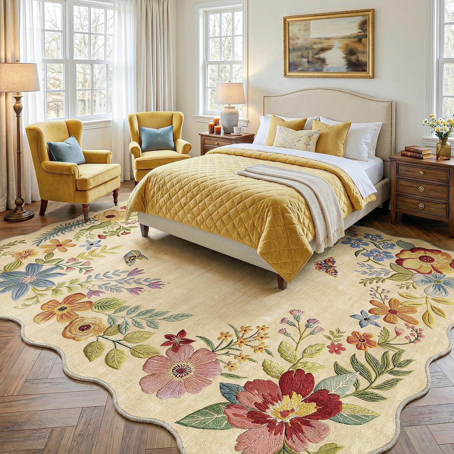 FMFUNCTEX 8x10 Floral Washable Area Rug Beige Neutral Vintage Flower Botanical Cottage Boho Cream Scalloped Soft Non Slip Low Pile Large Indoor Thin Carpet for Living Room Bedroom Dining Room Nursery