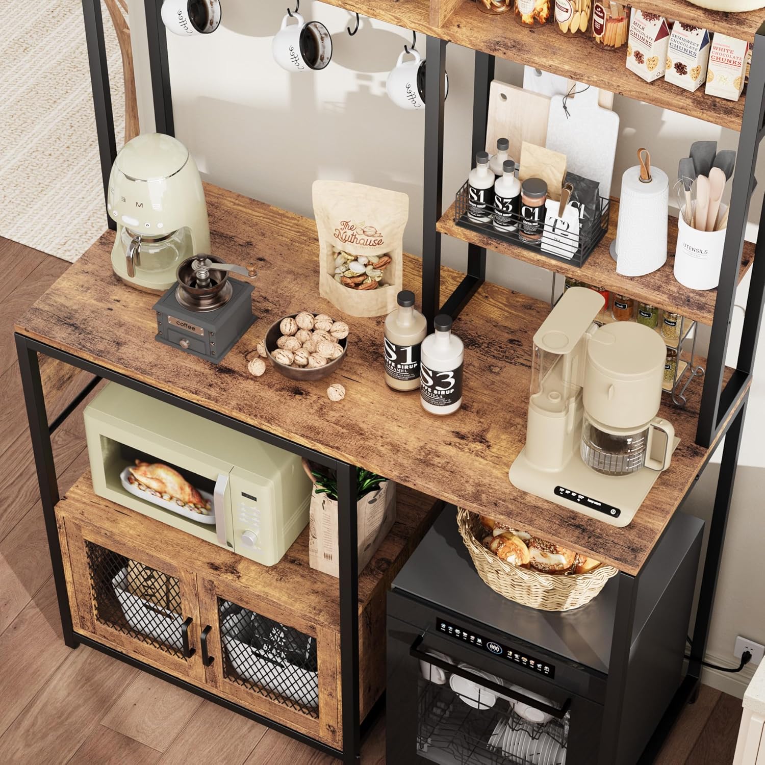Garvee Microwave Stand with Fridge Stand, Industrial Kitchen Shelf with Power Outlet, Freestanding Kitchen Storage for Pantry Living Room, 47.2 x 19.7 x 68.1 Inches, Rustic Brown