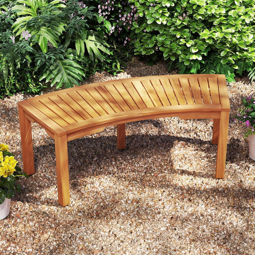 RELAX4LIFE Wooden Outdoor Curved Bench - Acacia Wood Garden Bench w/Slatted Seat, 2-Person Outside Backless Seating for Porch Backyard Deck Park, 800 LBS Load Capacity, Patio Fire Pit Bench (1, 45'')