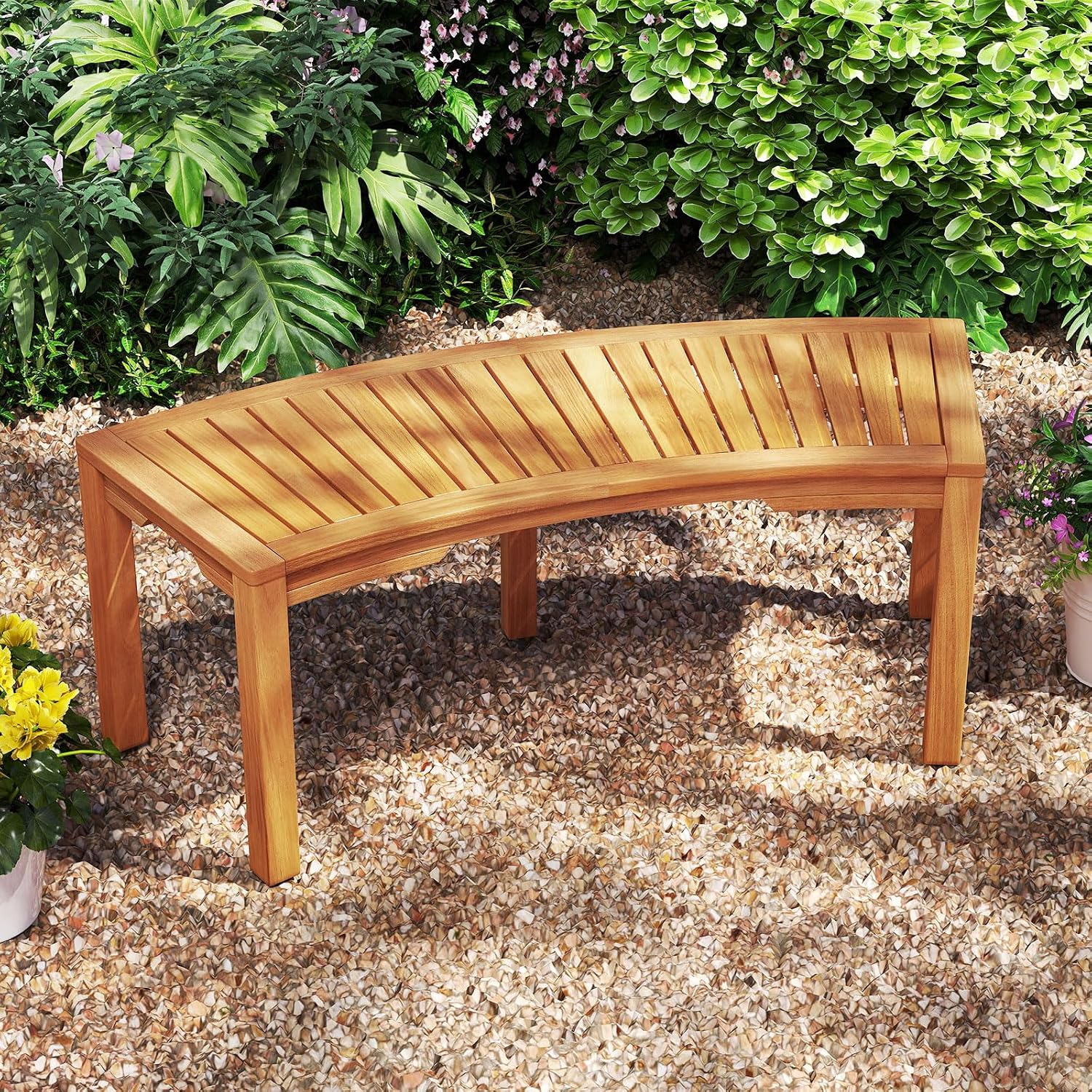 RELAX4LIFE Wooden Outdoor Curved Bench - Acacia Wood Garden Bench w/Slatted Seat, 2-Person Outside Backless Seating for Porch Backyard Deck Park, 800 LBS Load Capacity, Patio Fire Pit Bench (1, 45'')